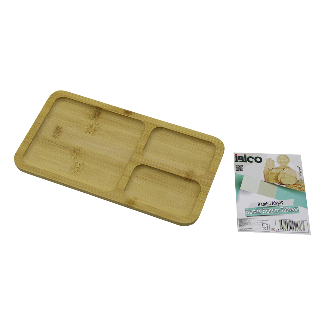 3 Bölmeli Dikdörtgen Bambu Servis Tepsisi 24.8x13.8x1.4 cm