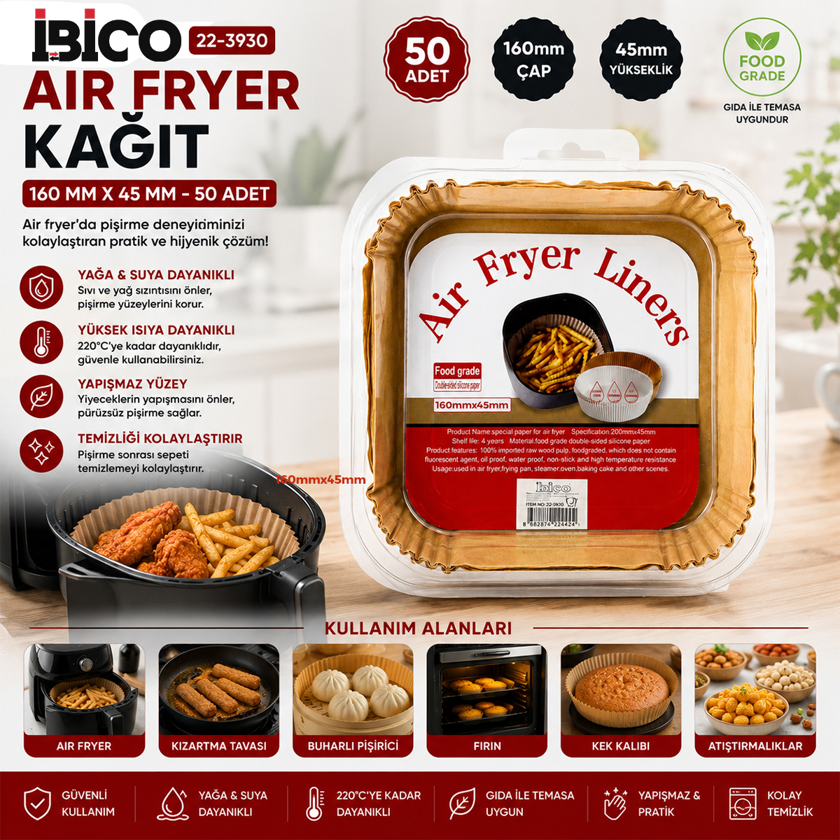 Air Fryer Kağıt Pişirme Kalıbı Kare 16x4.5 cm 50'li