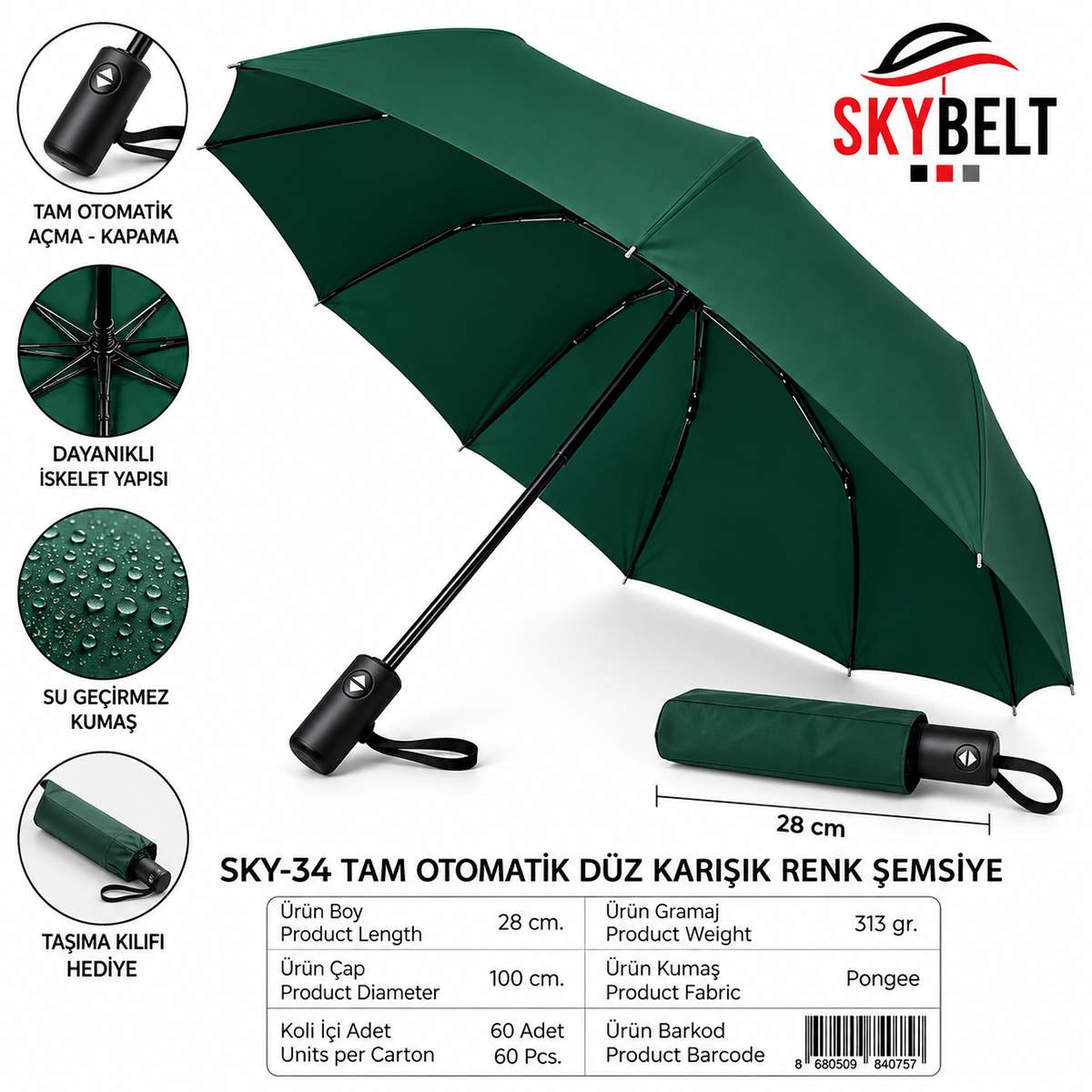 TAM OTOMATİK) ERKEK ŞEMSİYE ( SİYAH)
