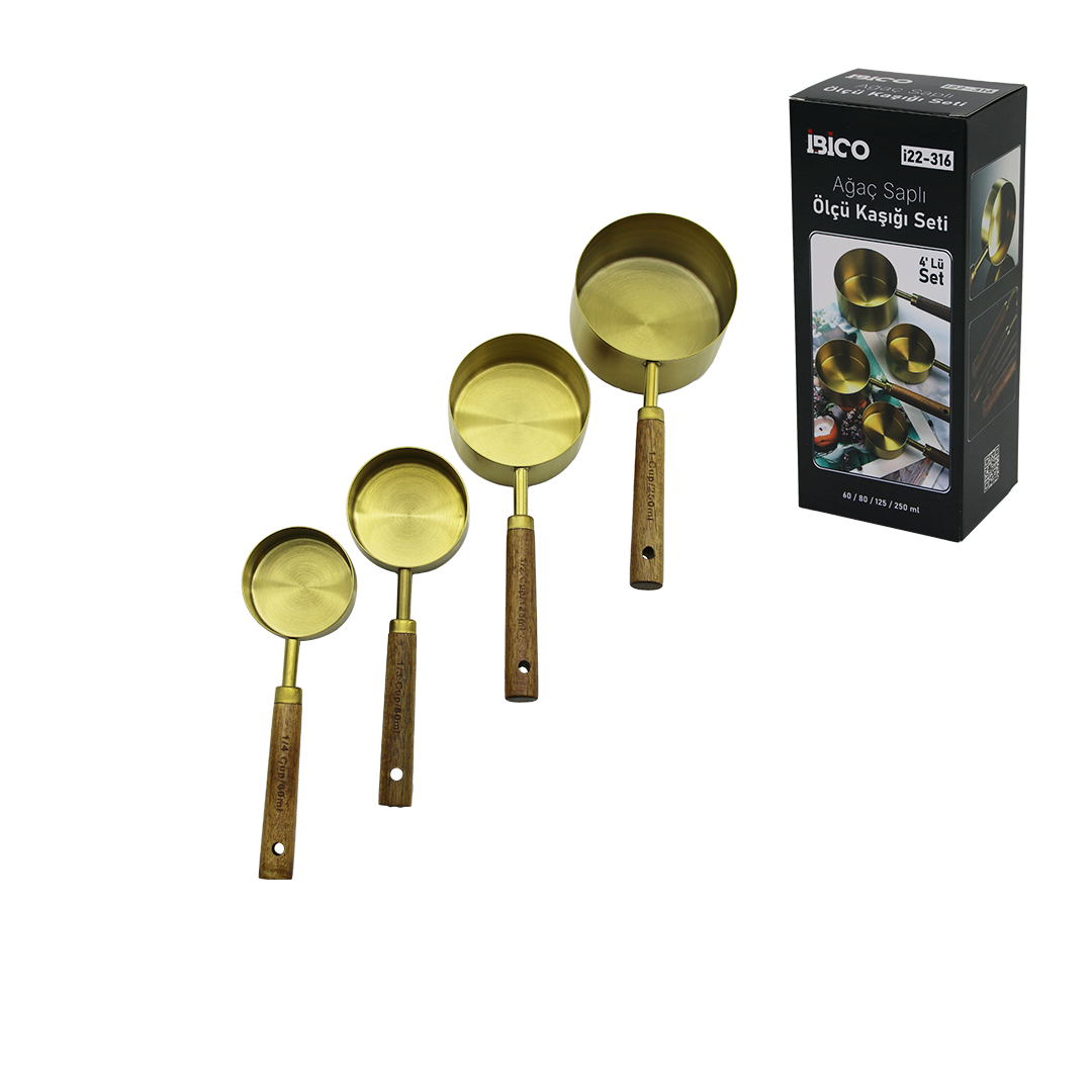 4'lü ölçü kaşık seti (250/125/80/60 ml) - gold metal ahşap saplı