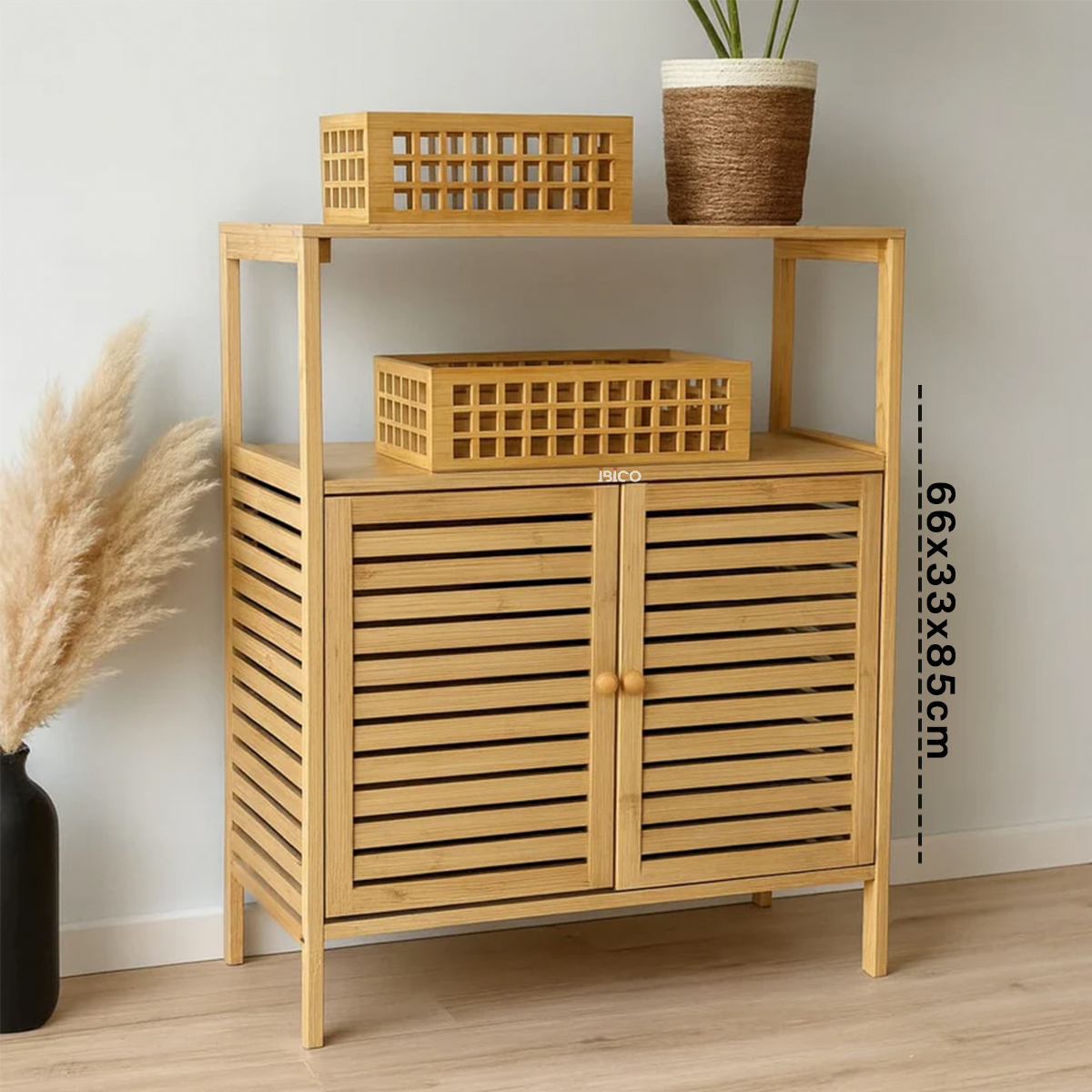 Çok Amaçlı Bambu Dolap 66x33x85 cm - Organizer Raflı