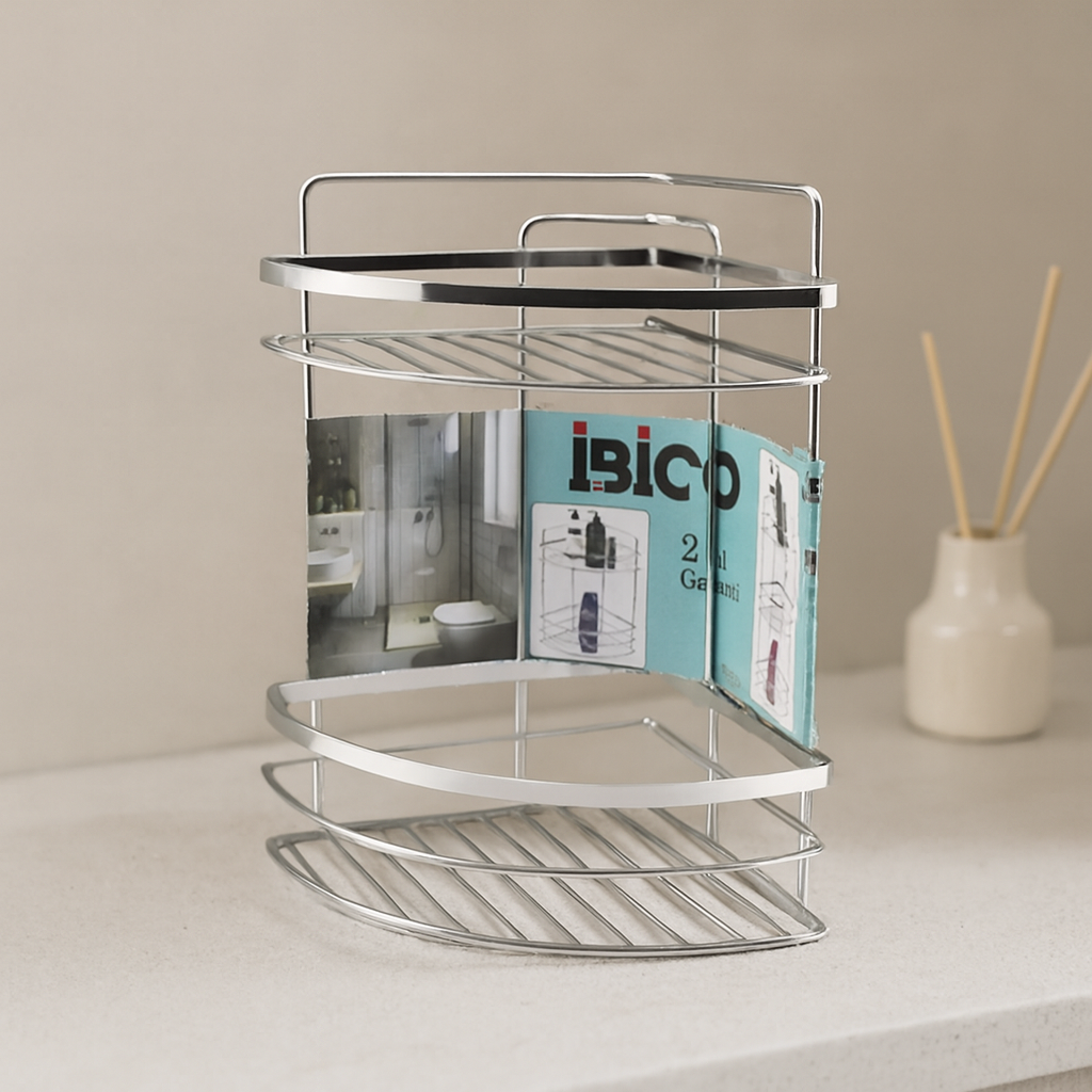 Krom Metal 2 Katlı Üçgen Banyo Köşeliği - Duş Rafı