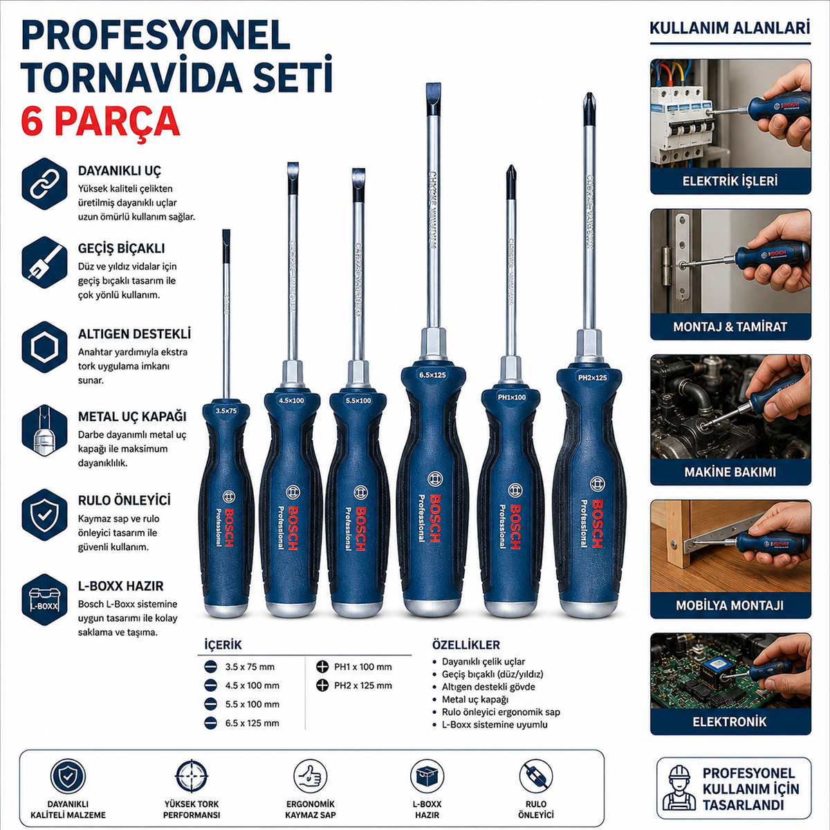 6 Parça Profesyonel Tornavida Seti (PH2 / PH1 / 3.5 / 4.5 / 5.5 / 6.5)