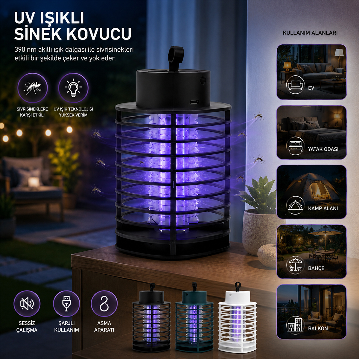 USB Şarjlı UV Işıklı Sinek Kovucu (Asma, Sessiz)