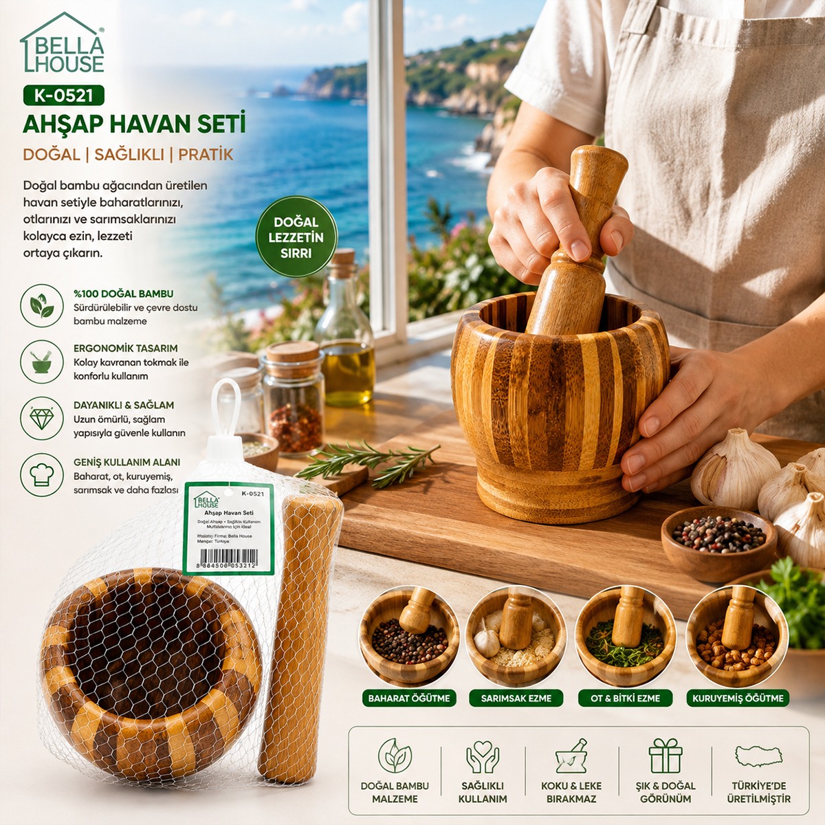Ahşap Bambu Havan (Sarımsak Dövecek) 8 cm