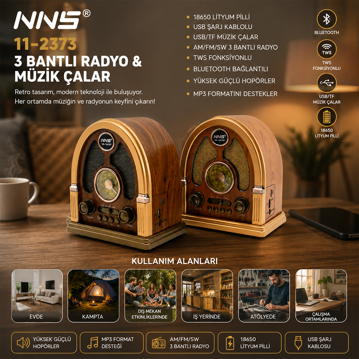 Bluetooth Taşınabilir Hoparlör - FM Radyo, USB/TF MP3, Şarjlı, İbreli Nostalji