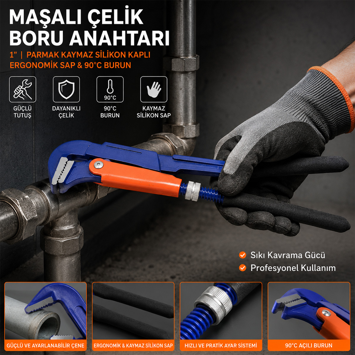 1 inç Çelik Boru Anahtarı (Silikon Saplı, 90° Maşalı)