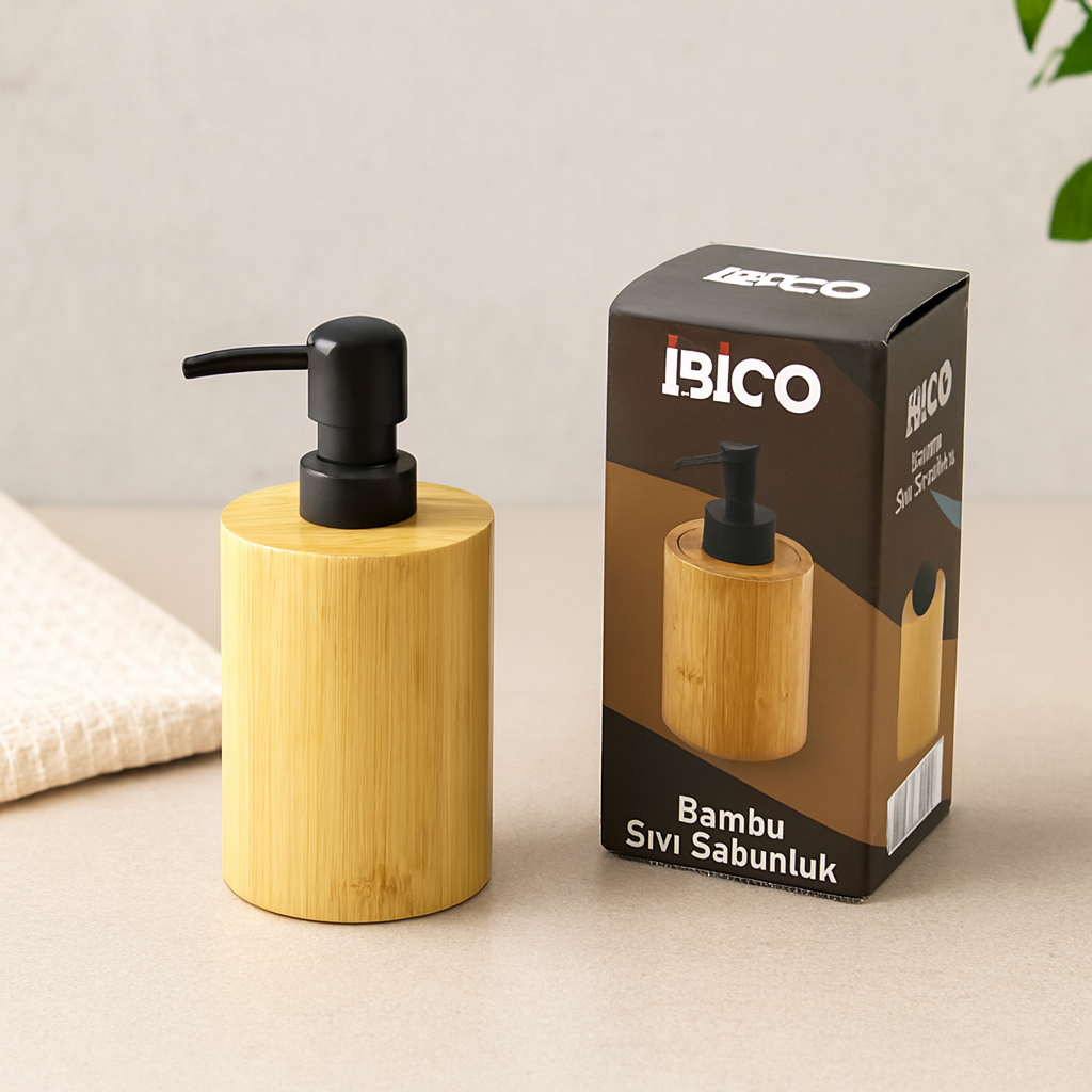 Yuvarlak Bambu Sıvı Sabunluk (Ø7.8 × Y10.8 cm) - Siyah Pompa