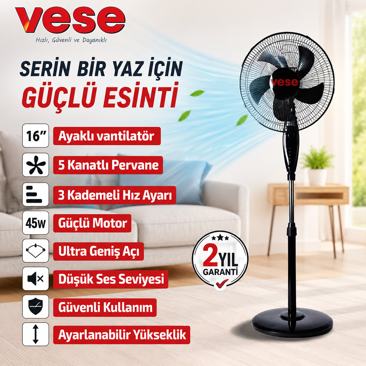 16 inç Ayaklı Vantilatör 45W 5 Kanat 3 Kademe