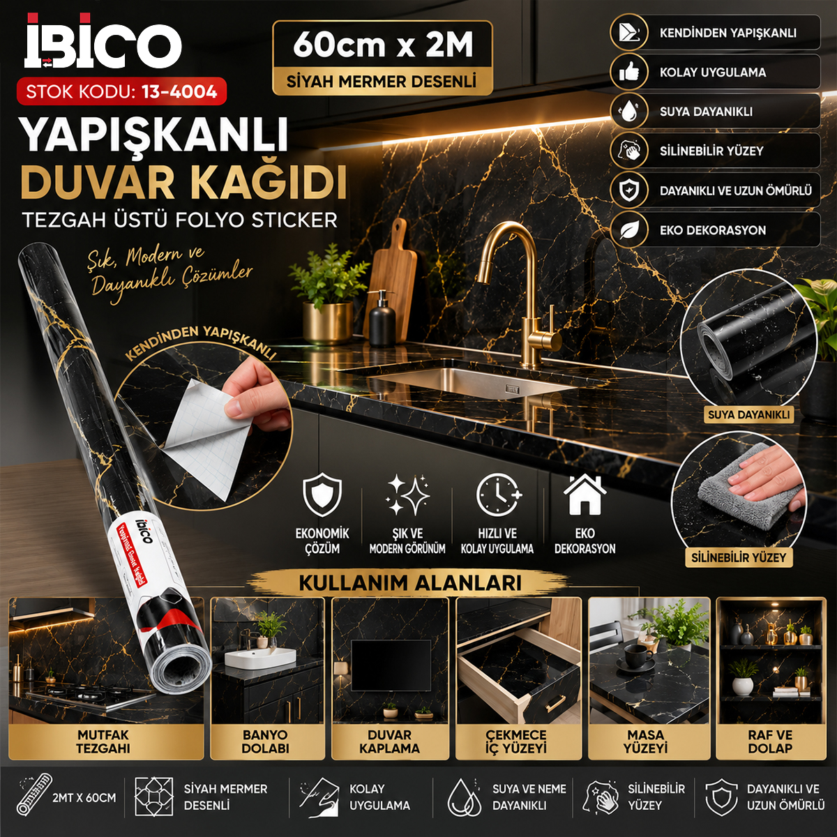 Siyah Mermer Desenli Kendinden Yapışkanlı Tezgah Folyosu 2m x 60cm