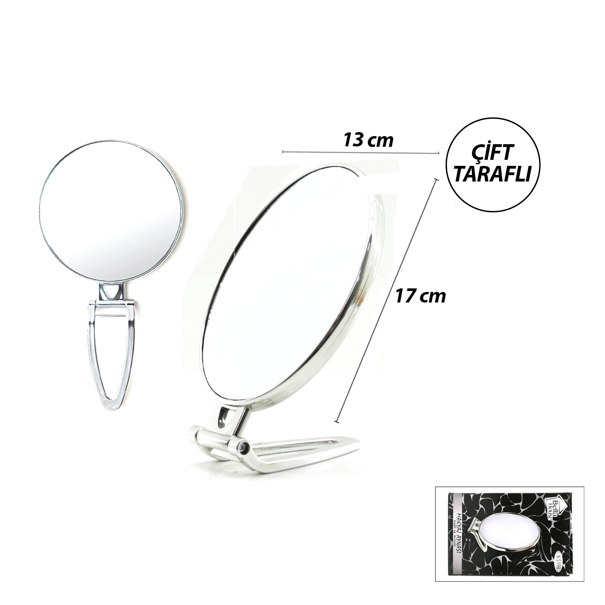 Oval Çift Taraflı Makyaj Aynası (16.5x13 cm) Katlanır Ayaklı Gümüş