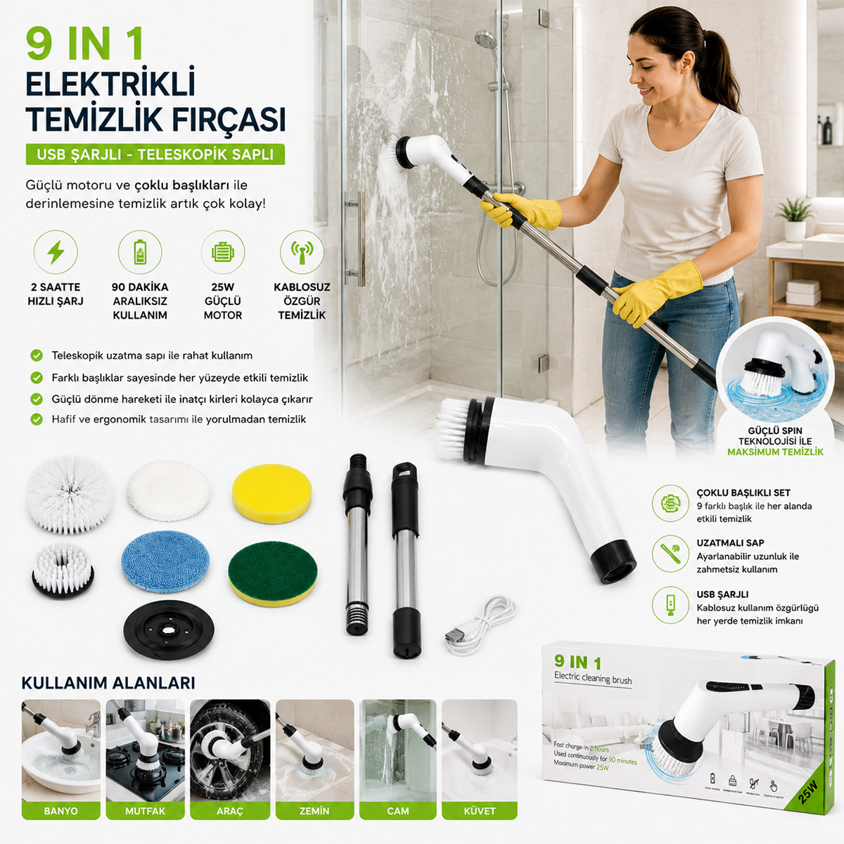 Şarjlı Elektrikli Temizlik Fırçası 9in1 25W Kablosuz Hızlı Şarj