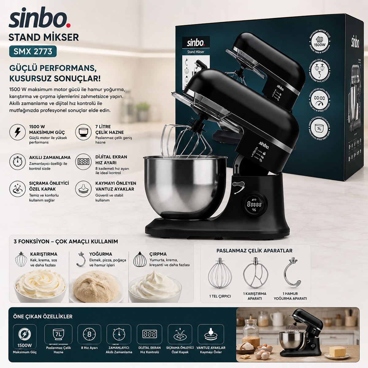Stand Mikser 7L 1500W 8 Hız Çırpıcı Hamur Yoğurucu