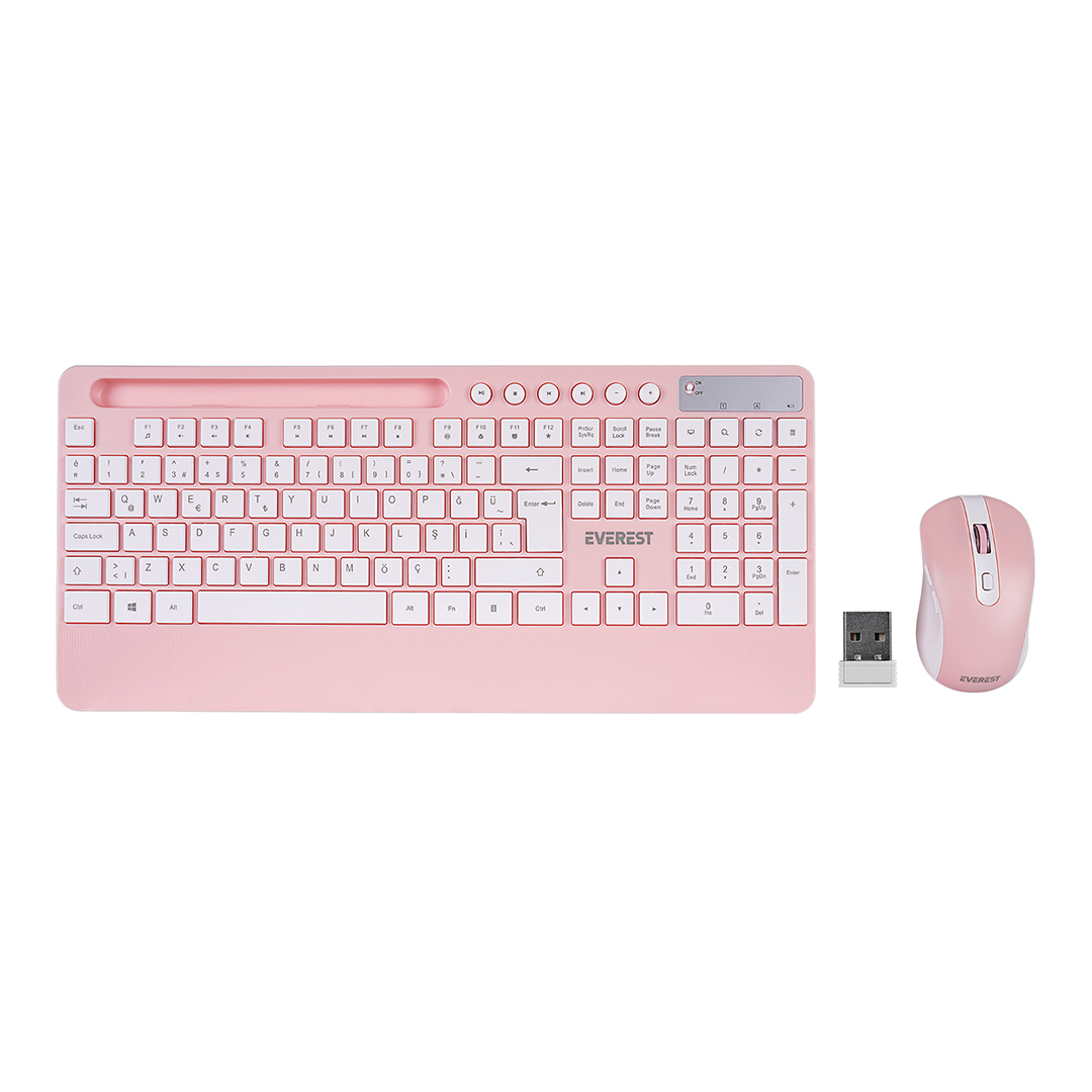 Kablosuz Klavye Mouse Seti - Telefon & Tablet Standlı (Beyaz/Pembe)