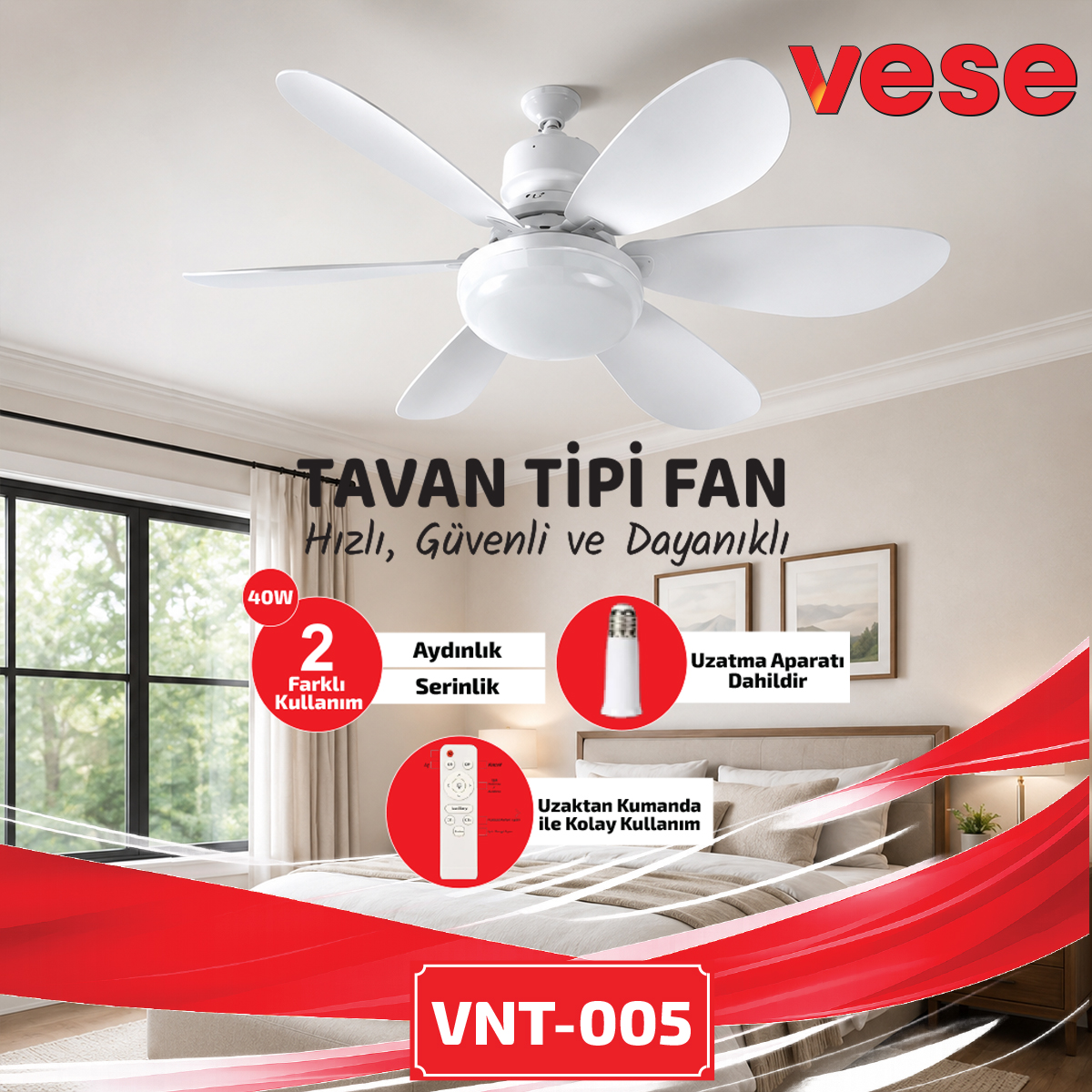 Kumandalı 2'si1 Arada Tavan Vantilatör Avize 40W 6 Kanat
