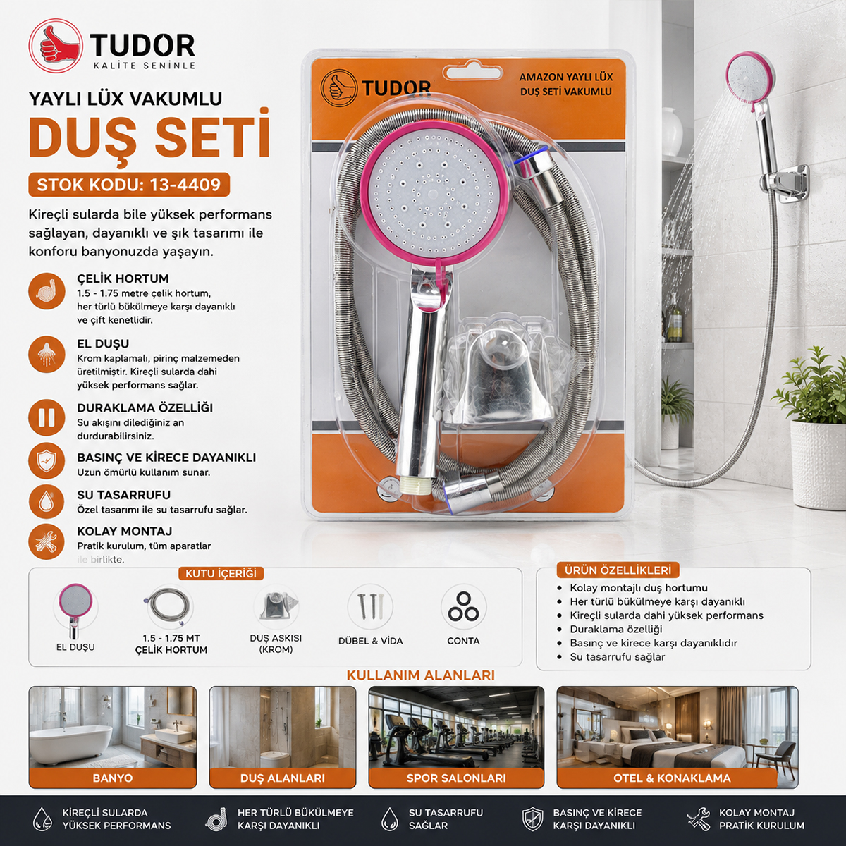 Krom Vakumlu Lüks Duş Seti - 150 cm Metal Yaylı Hortum