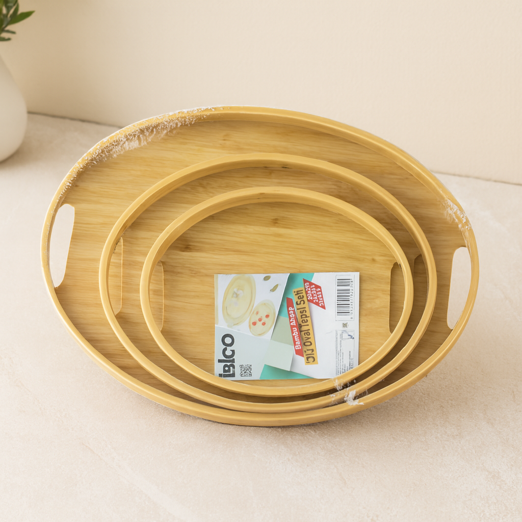 Oval Bambu Ahşap Tepsi Seti 3'lü (20x29, 26x36, 31x45 cm)
