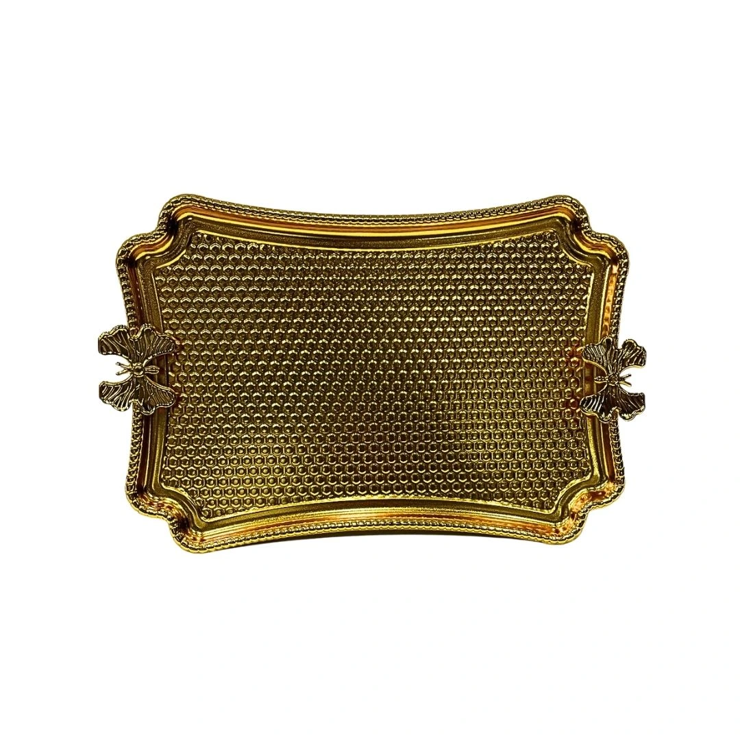 Kelebekli Metal Gold Küçük Dikdörtgen Tepsi