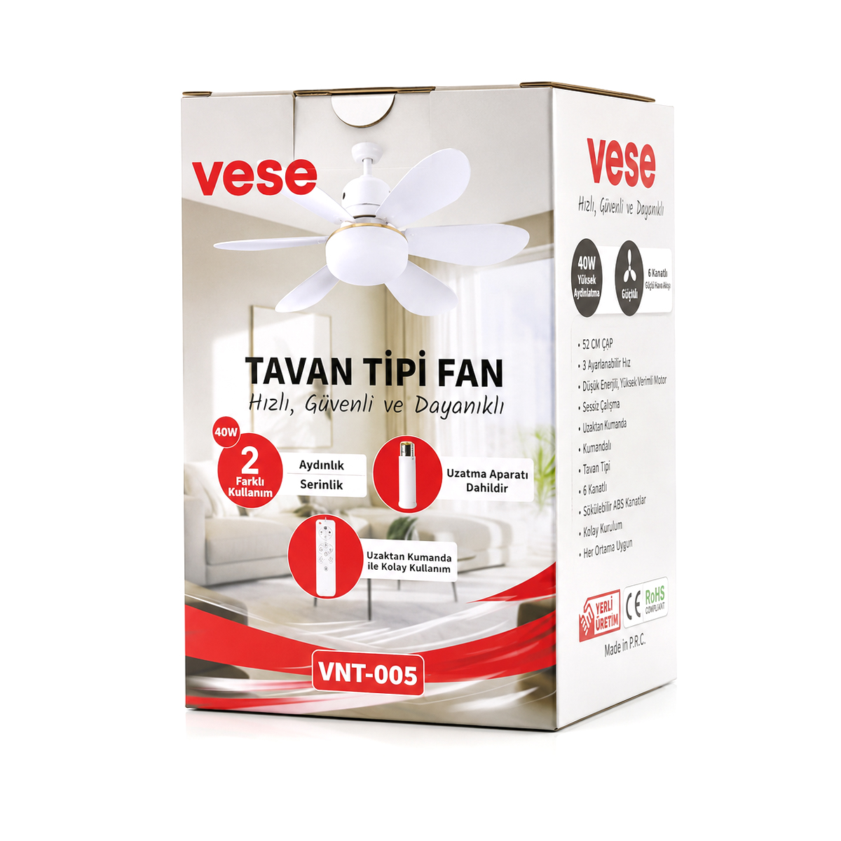Kumandalı 2'si1 Arada Tavan Vantilatör Avize 40W 6 Kanat
