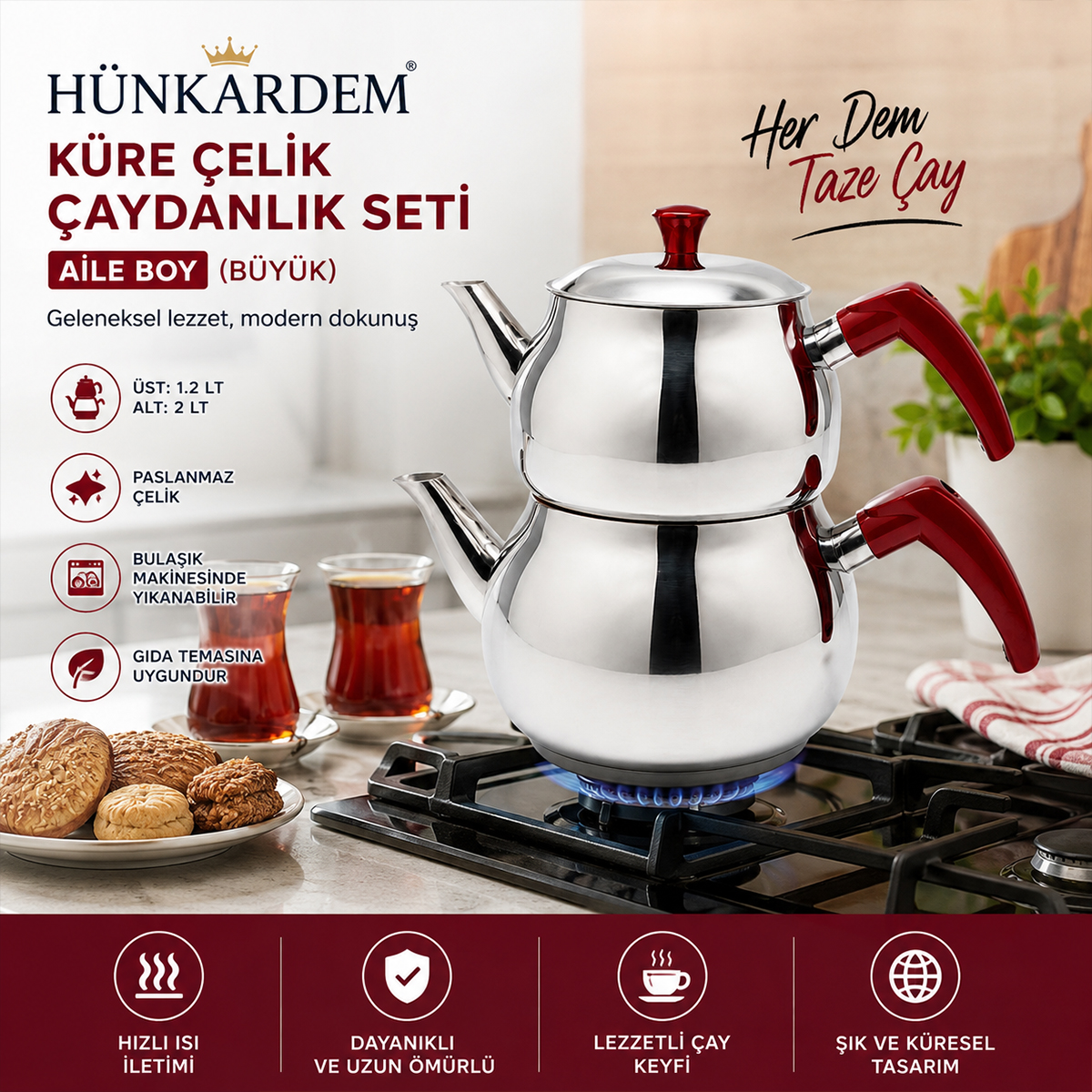 Büyük Küre Çelik Çaydanlık Seti Üst 1.2 Lt Alt 2.0 Lt