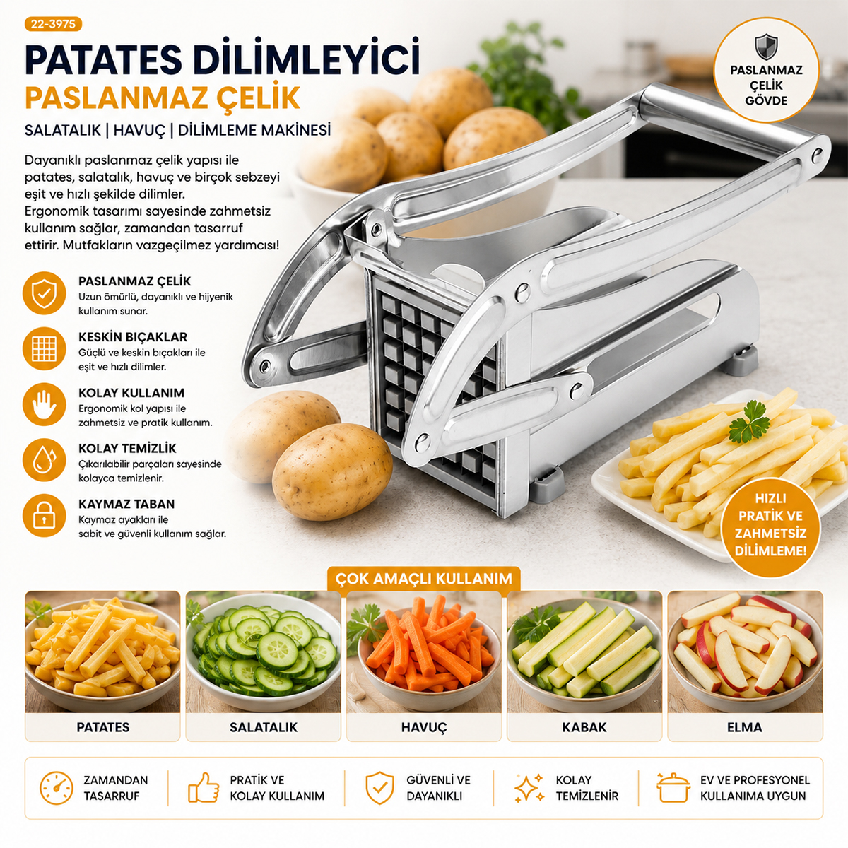 Manuel Patates ve Sebze Dilimleme Makinesi (Tam Metal, Üstten Kollu)