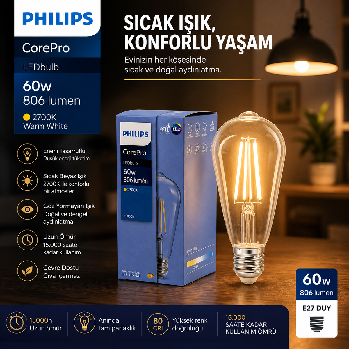 LED filament ampul ST64 E27 2700K 7W cam gövde