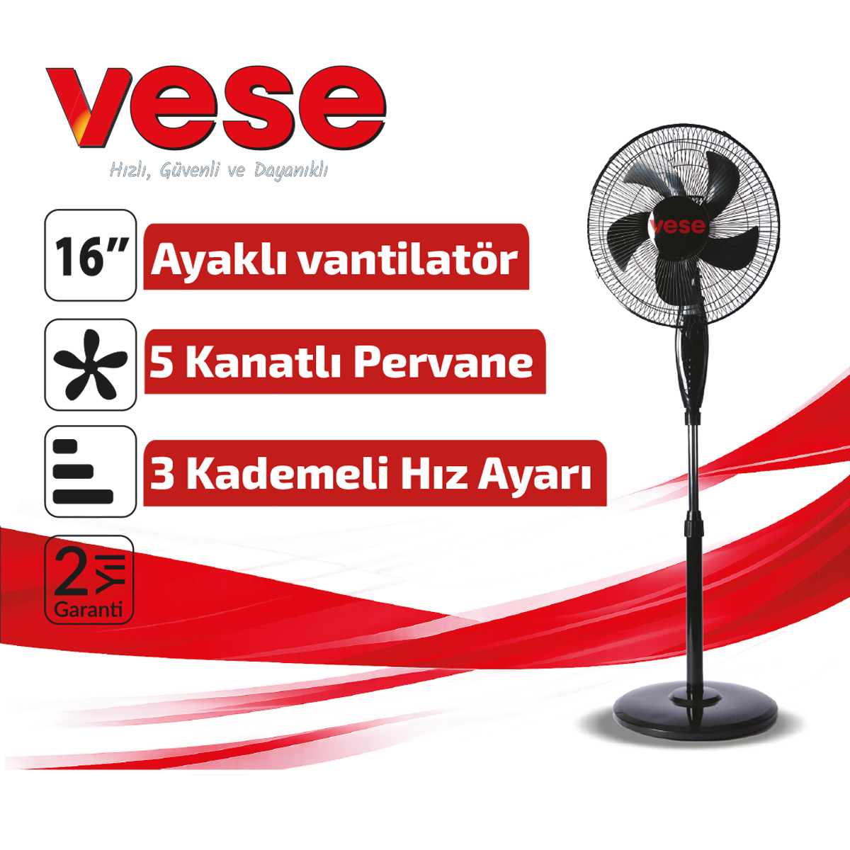 16 inç Ayaklı Vantilatör 45W 5 Kanat 3 Kademe