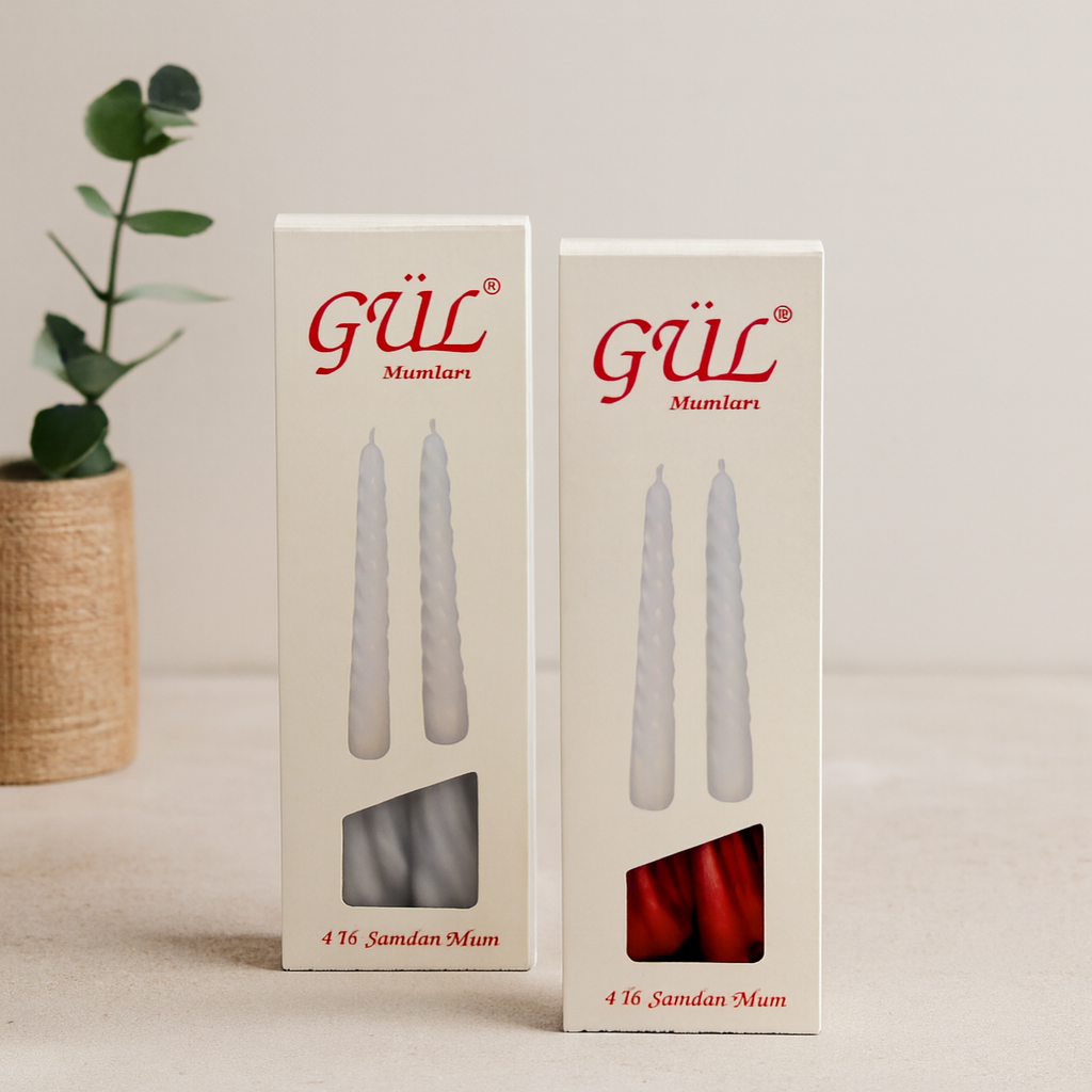 Gül Mum 17 cm 4'lü Set (Şamdan & Burgulu, Beyaz ve Renkli)
