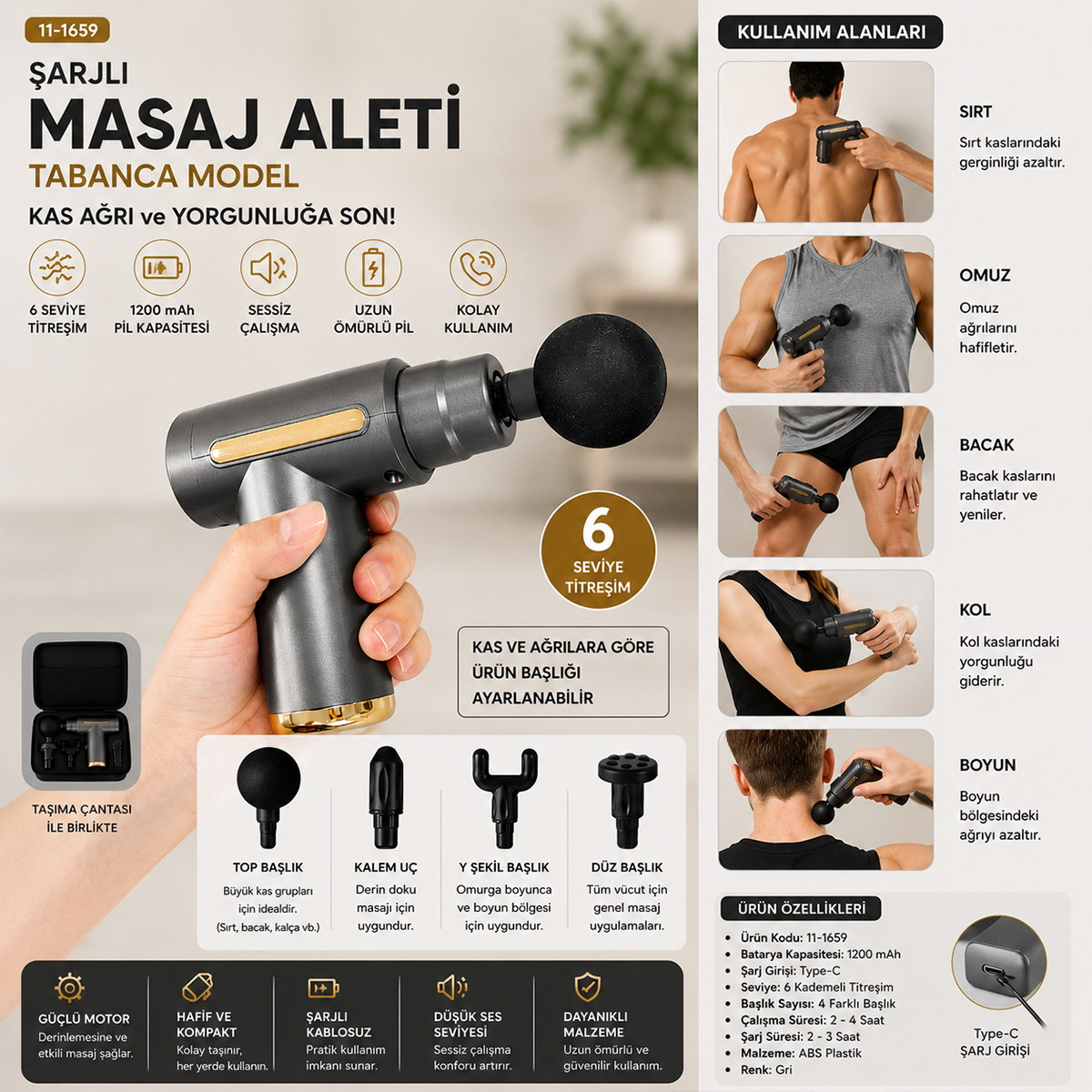 Şarjlı Masaj Tabancası - 6 Kademe Kas Masaj Aleti