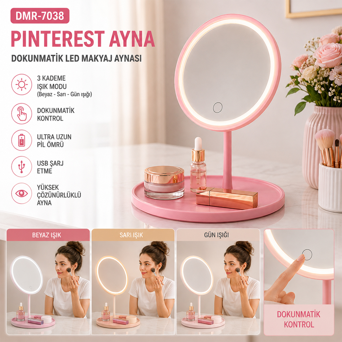 Dokunmatik LED Makyaj Aynası USB Şarjlı 3 Kademe 17.5cm 360°