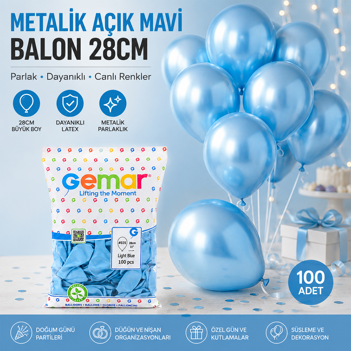 Metalik Açık Mavi Lateks Balon 100'lü