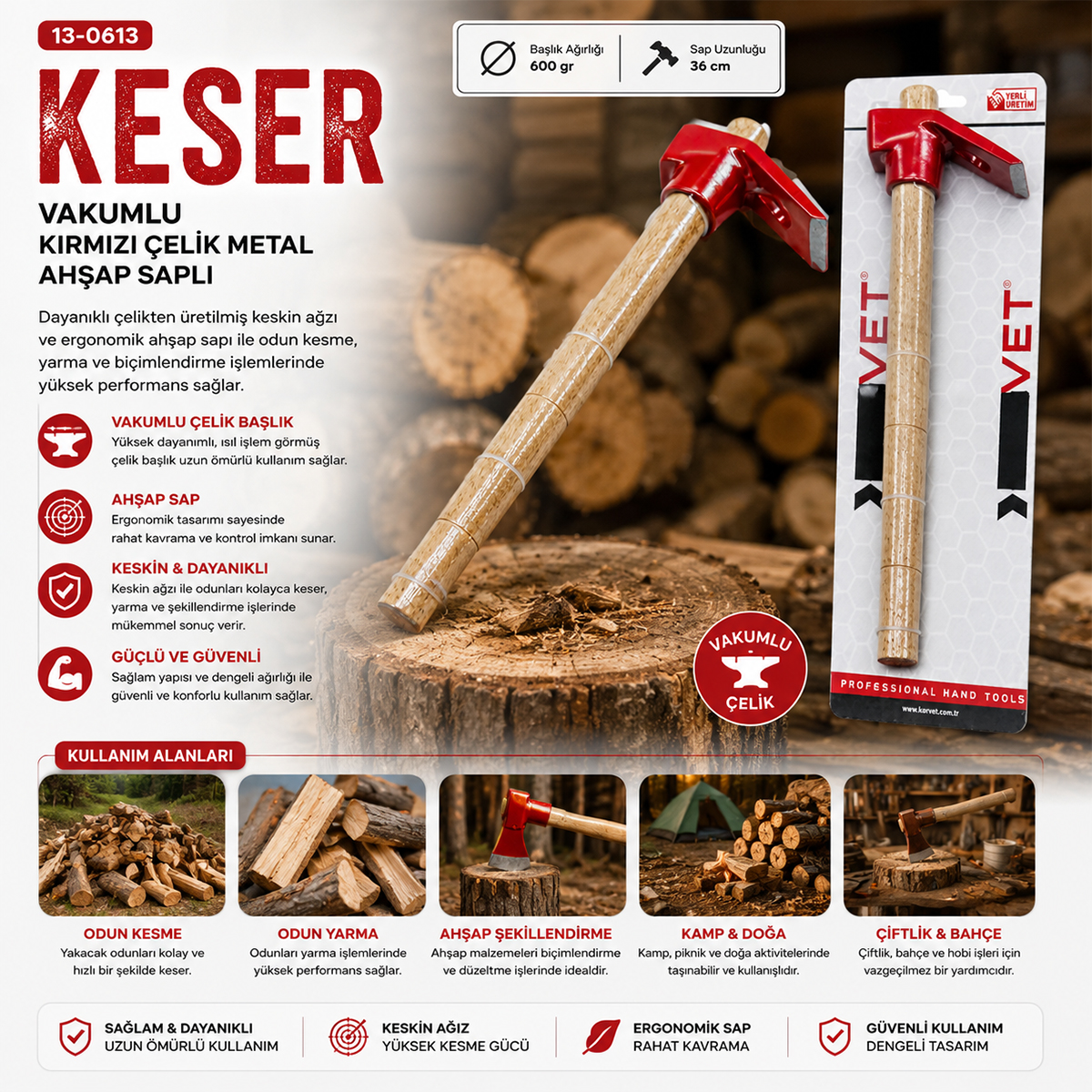 Çelik Keser Ahşap Saplı - Vakumlu