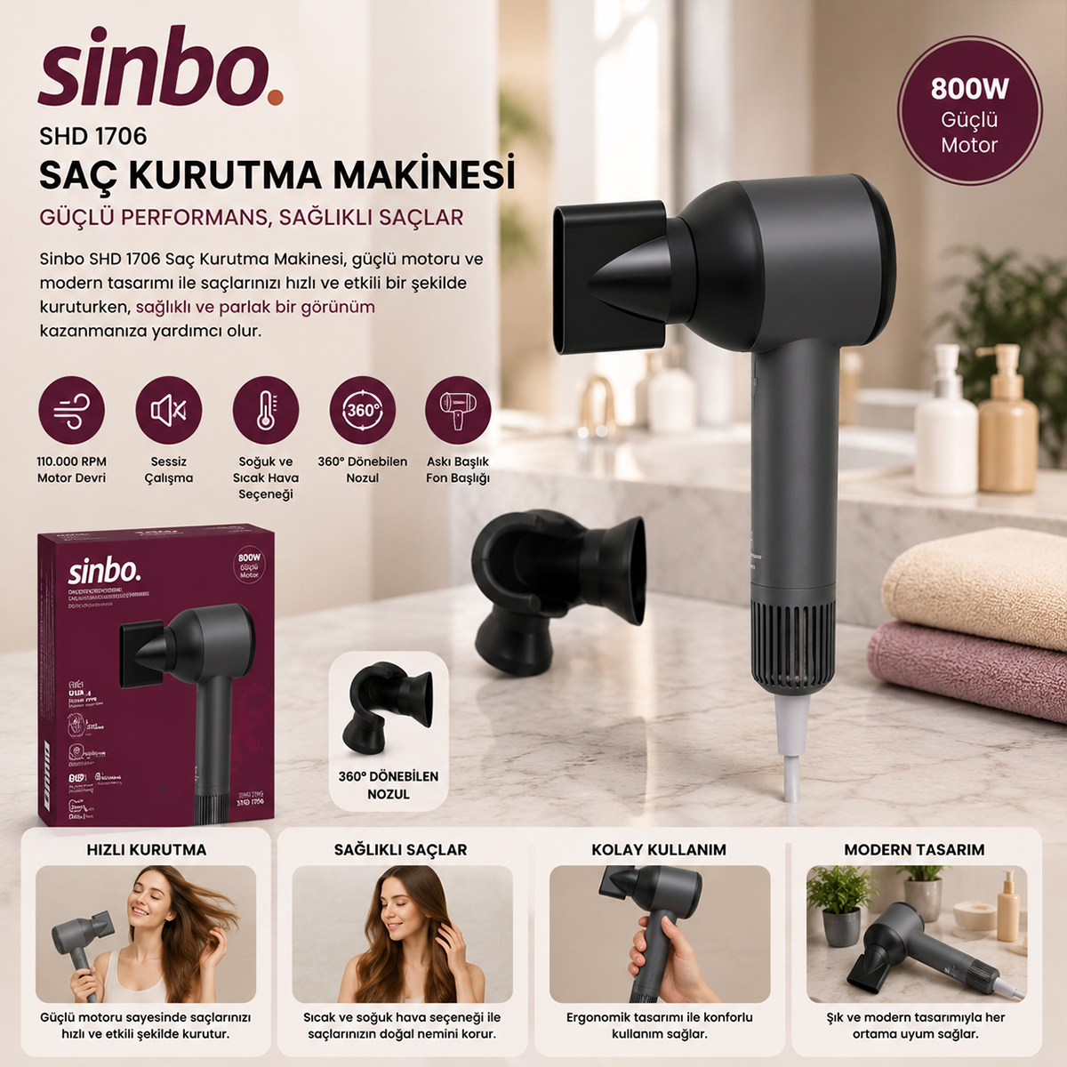 Saç Kurutma Makinesi - 110.000 RPM, Sessiz, 3 Hız 3 Sıcaklık