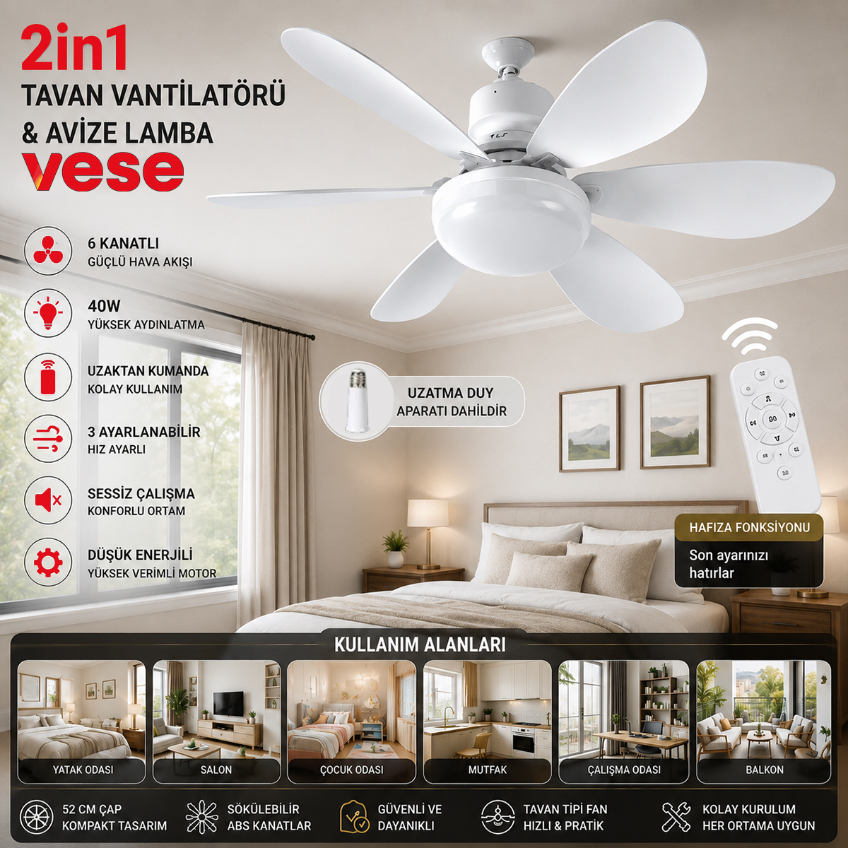 Kumandalı 2'si1 Arada Tavan Vantilatör Avize 40W 6 Kanat