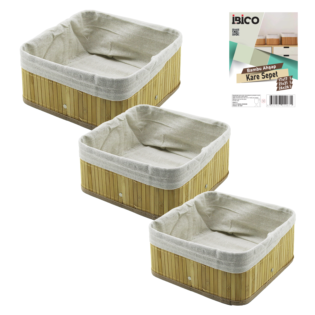 3'lü Kare Organizer Sepet Seti - Bambu Kenarlı Ahşap Taban Bez Astarlı (17x17 / 21x21 / 26x26 cm)
