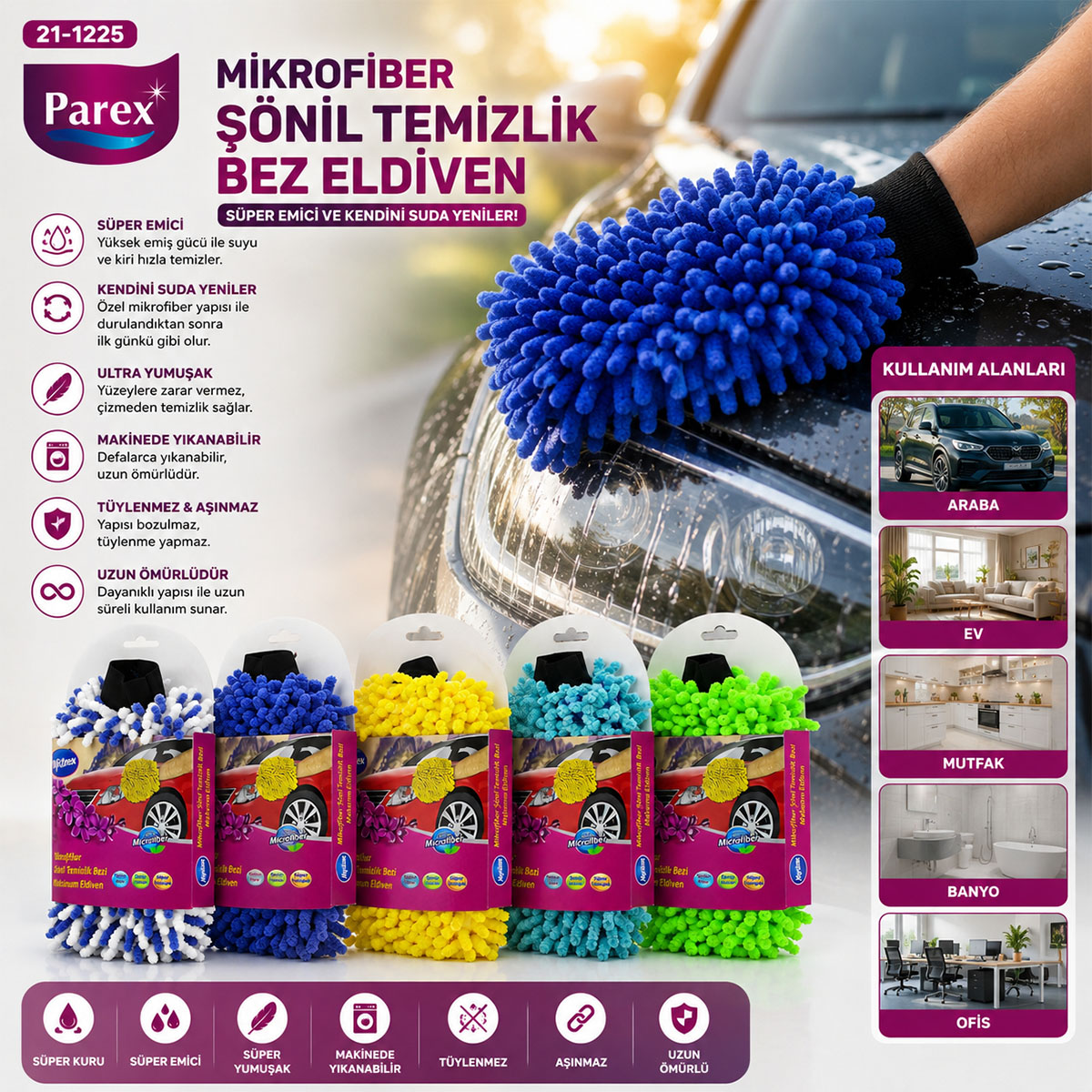 Mikrofiber Şönil Temizlik Bezi ve Oto Yıkama Eldiveni 80'li Paket