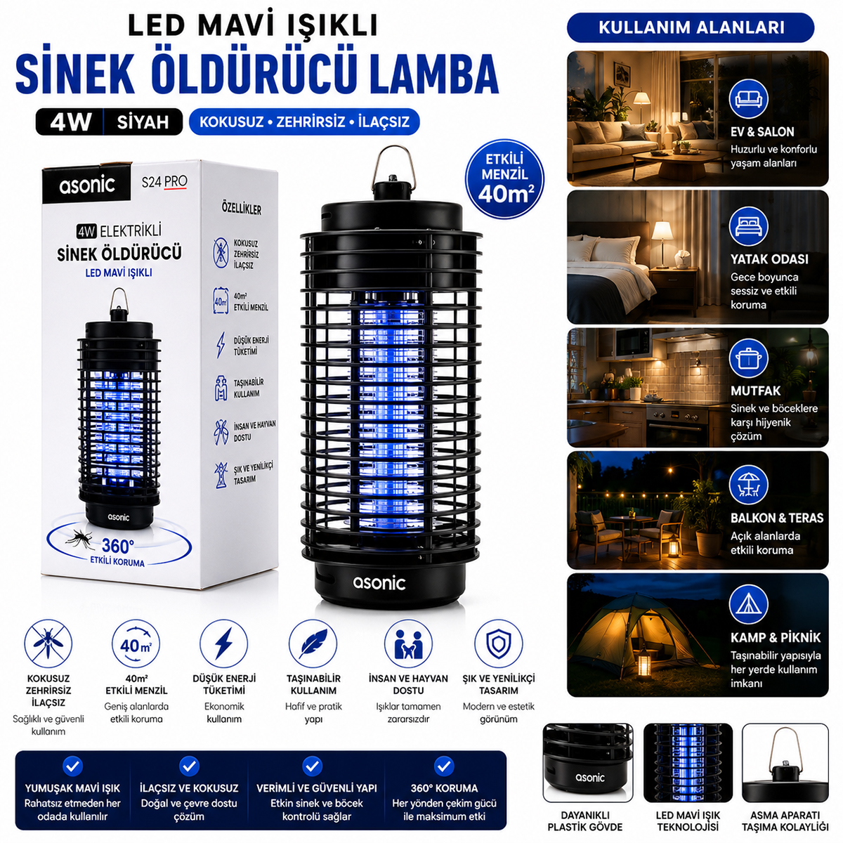 Taşınabilir LED Sinek Öldürücü 4W (Siyah)