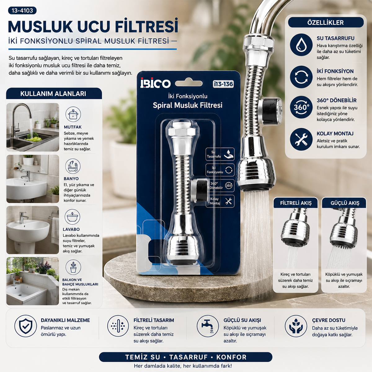 Musluk Ucu Filtresi 2 Fonksiyonlu 360° Dönebilen (16-19mm)