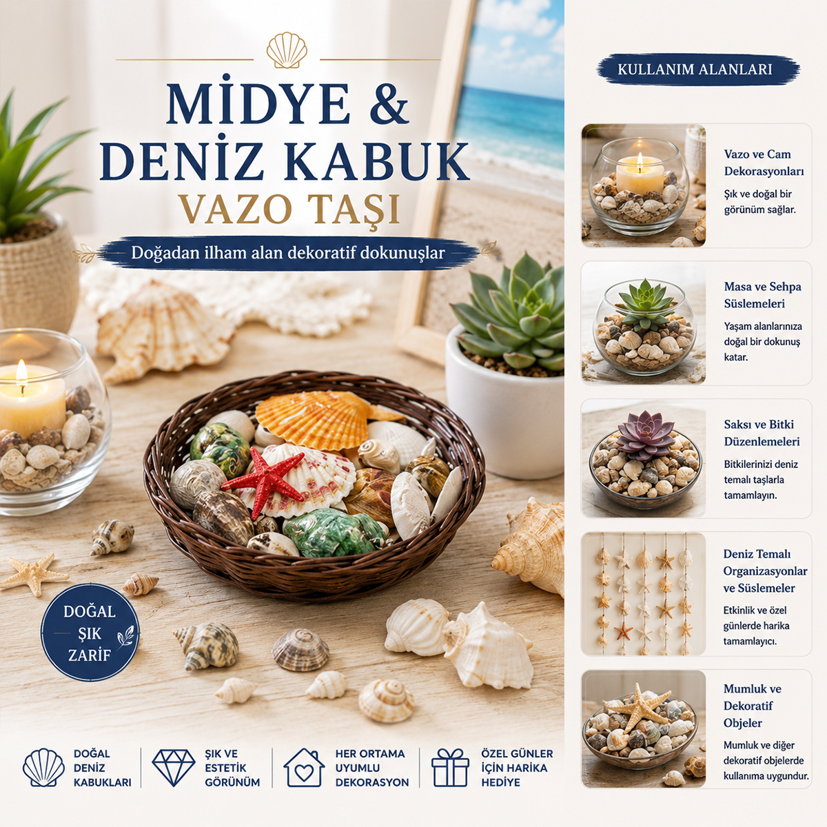Yuvarlak Ahşap Sepet 54'lü Renkli Midye & Deniz Kabukları - Vazo Taşı Seti