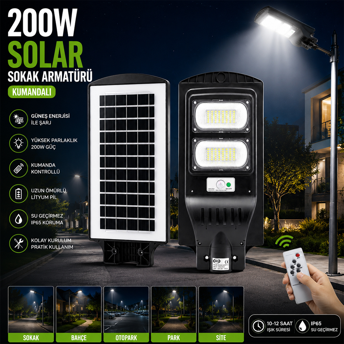 200W 6500K Solar Sokak Lambası Sensörlü Kumandalı