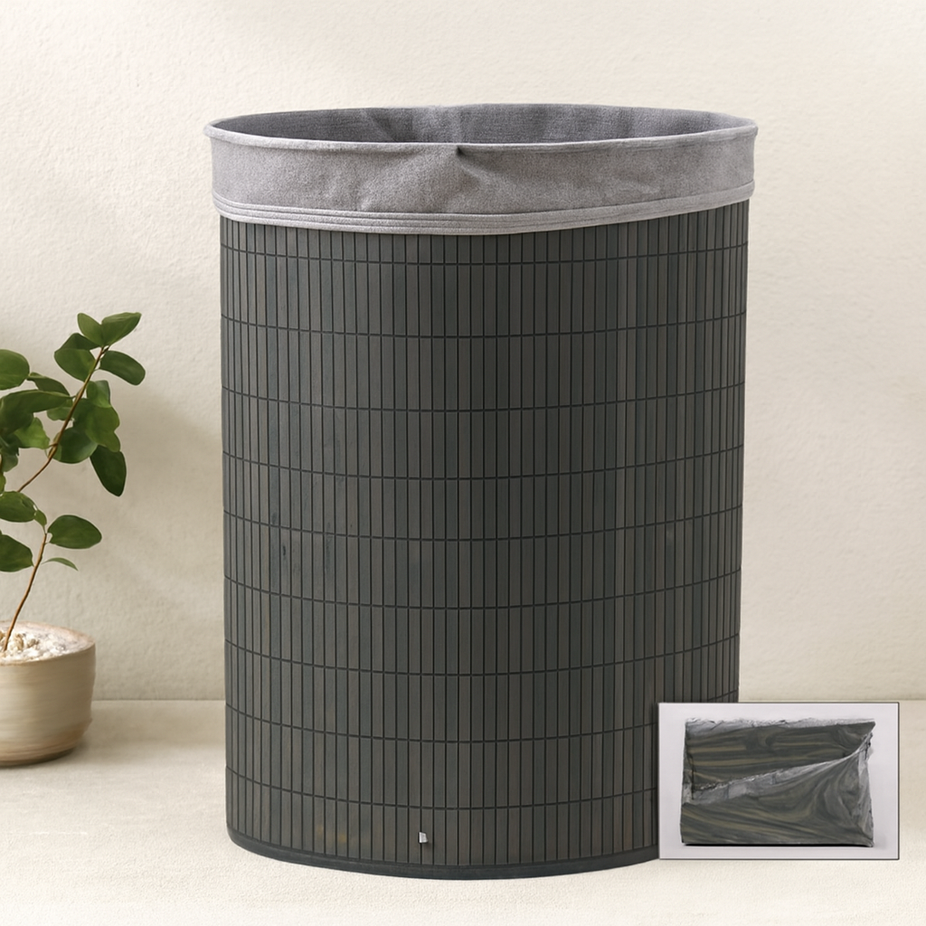 Bambu Üçgen Kirli Çamaşır Sepeti 35x60 cm - Kapaklı, Kumaş Torbalı