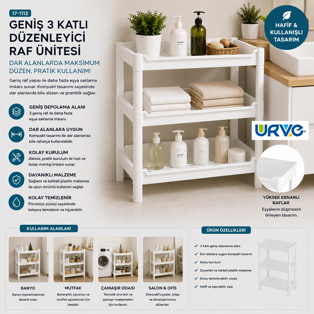 3 Katlı Geniş Sepet Organizer Raf Ünitesi 510x205x685 mm