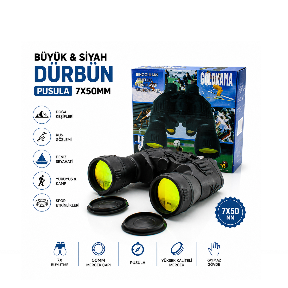 7x50 Büyük Siyah Dürbün (Pusula)